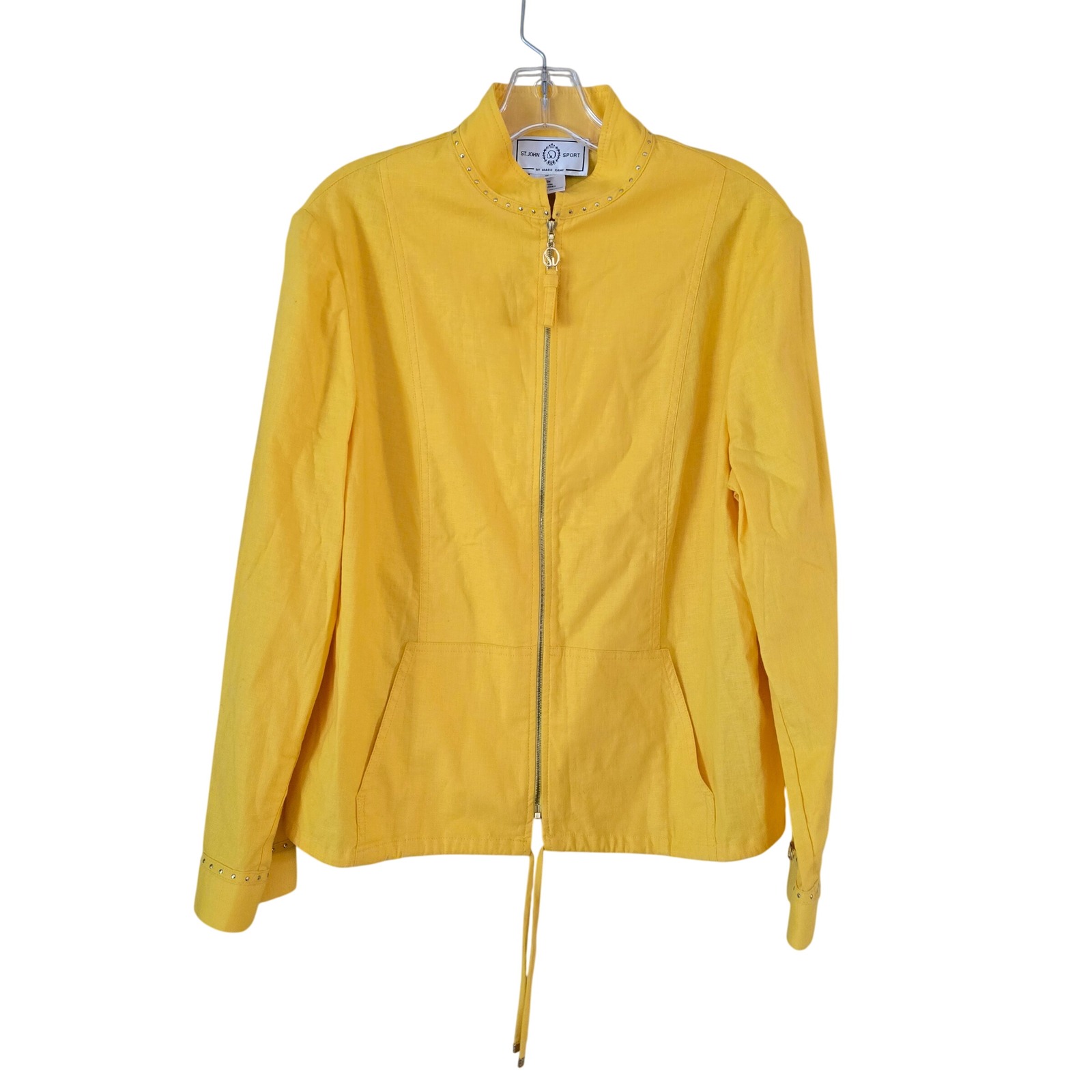 St. John Sport Marie Gray Yellow Linen Blend Studded Mock Neck Zip Up Jacket S